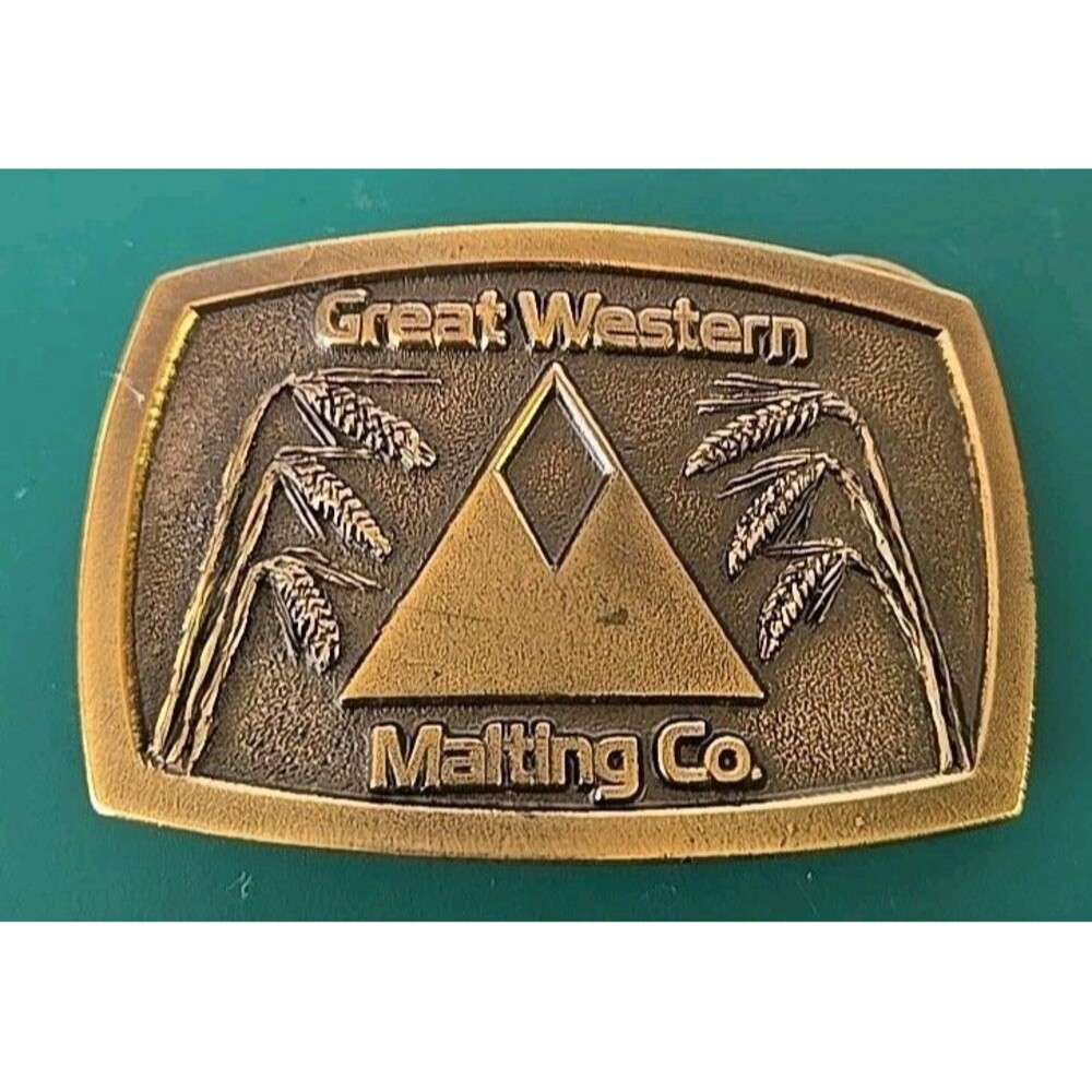 Rare Great Western Malting Co Brass Belt Buckle Wheat Grain Great American Beer